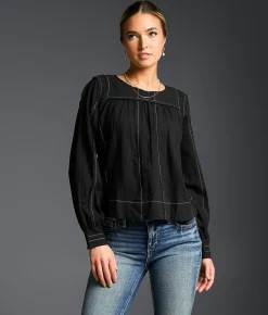 Buckle Black Refined Edit - Contrast Stitched Blouse Black New