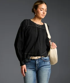 Buckle Black Refined Edit - Contrast Stitched Blouse Black New