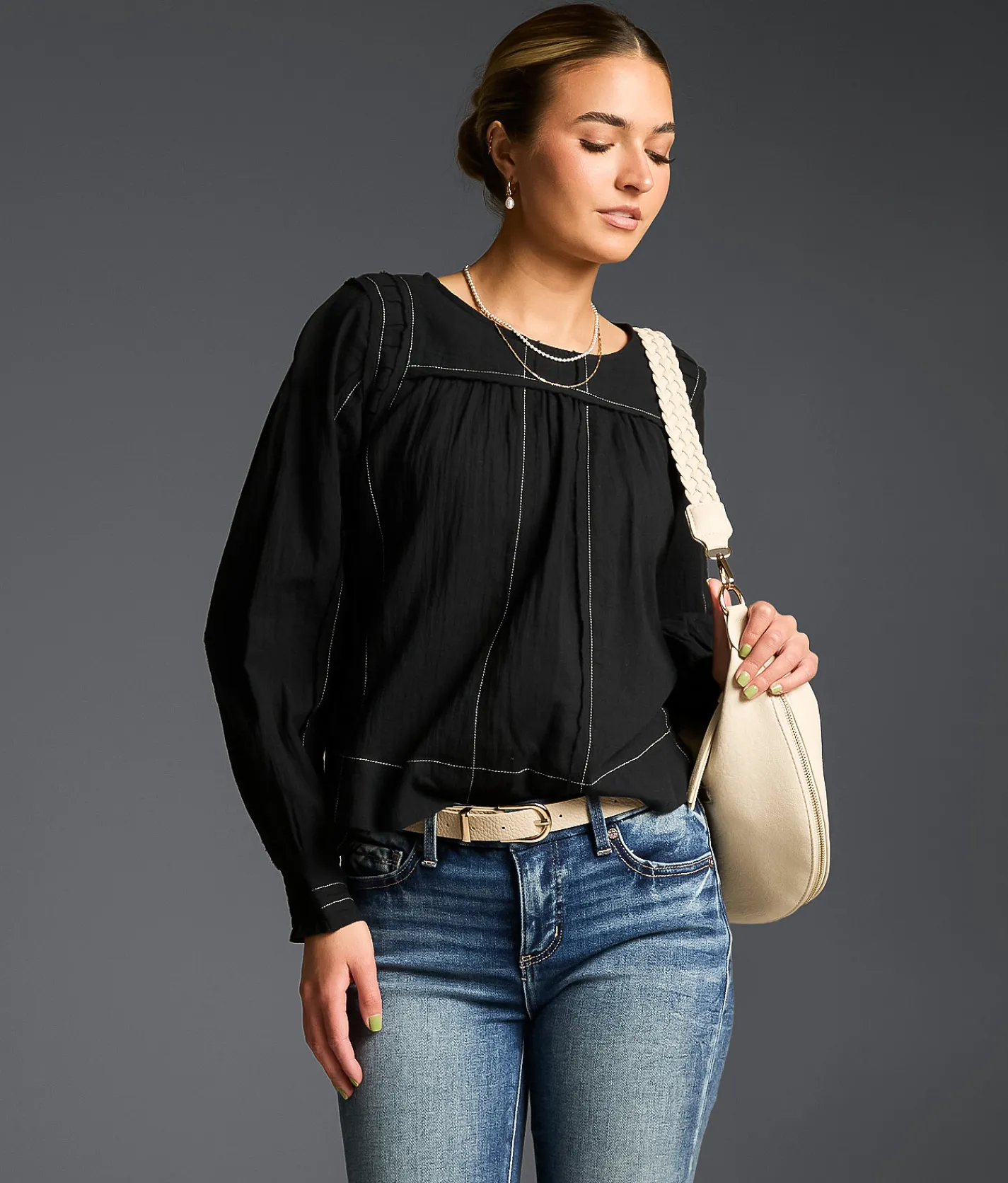 Buckle Black Refined Edit - Contrast Stitched Blouse Black New