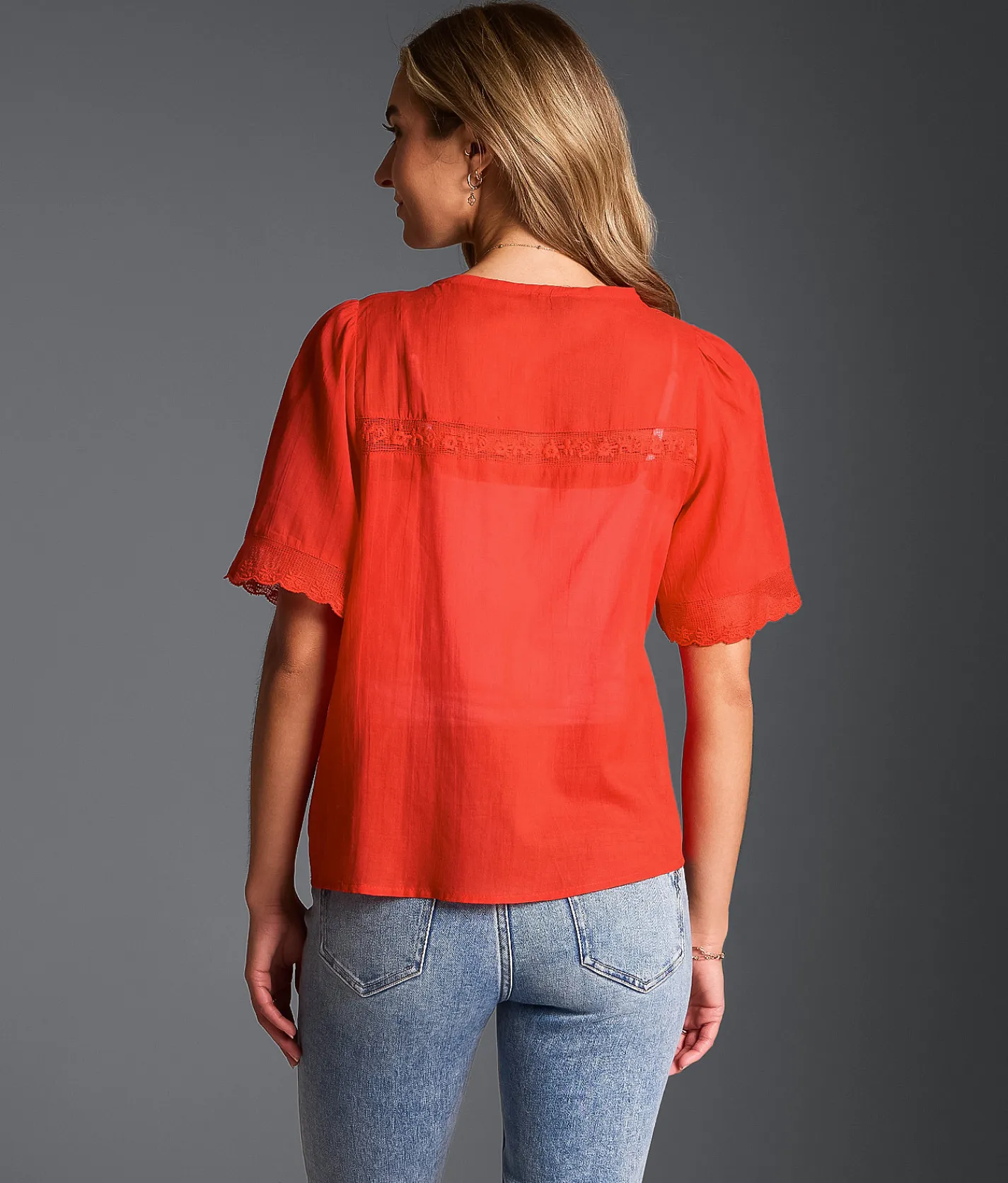 Tops | Buckle Black Refined Edit - Eyelet Scalloped Blouse Aurora Red