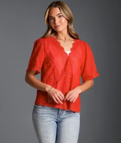 Tops | Buckle Black Refined Edit - Eyelet Scalloped Blouse Aurora Red