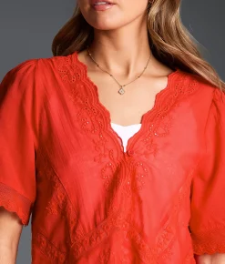 Tops | Buckle Black Refined Edit - Eyelet Scalloped Blouse Aurora Red