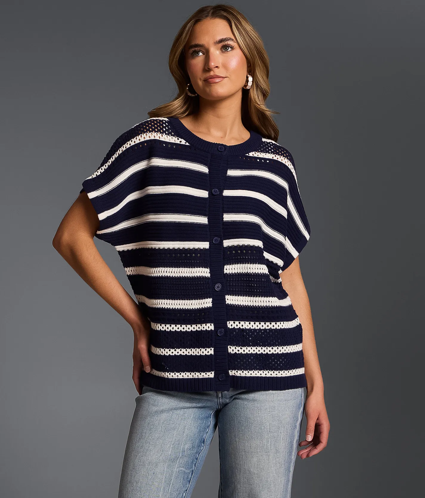 Buckle Black Refined Edit- Striped Cardigan Sweater Navy White Discount