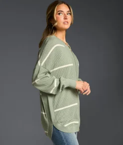 Tops | Buckle Black Refined Edit - Striped Cardigan Sweater Iceberg Green