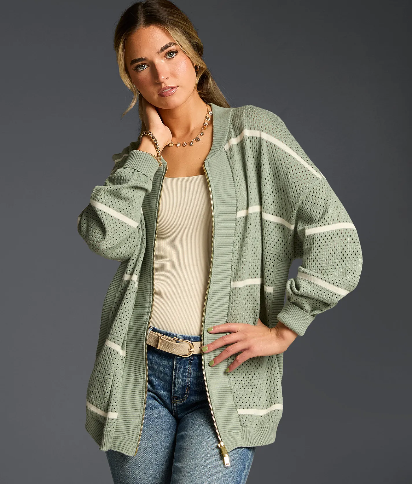 Tops | Buckle Black Refined Edit - Striped Cardigan Sweater Iceberg Green