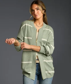 Tops | Buckle Black Refined Edit - Striped Cardigan Sweater Iceberg Green