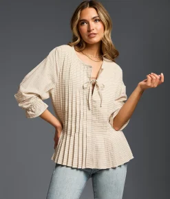 Tops | Buckle Black Refined Edit - Striped Peplum Blouse Brown Cream