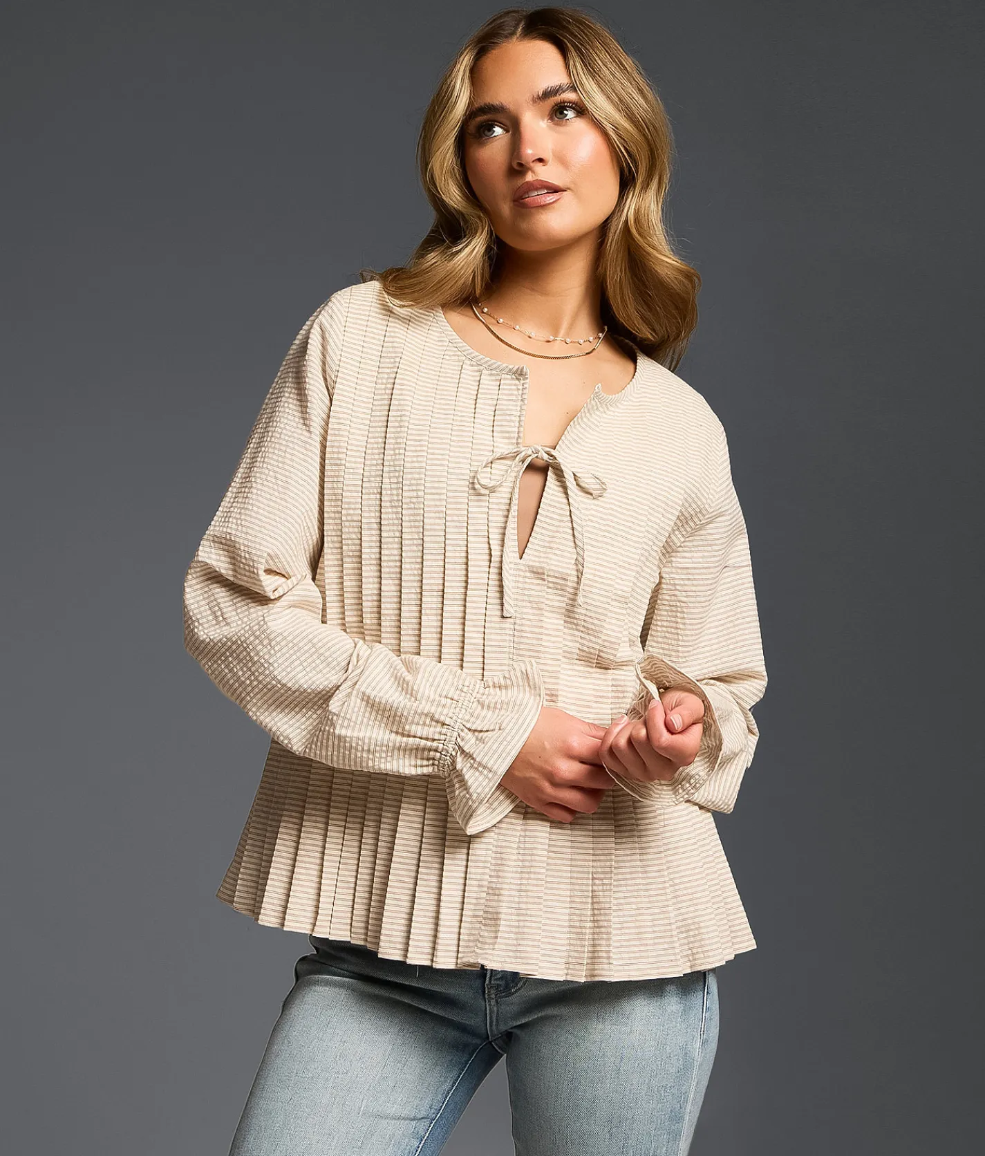 Tops | Buckle Black Refined Edit - Striped Peplum Blouse Brown Cream