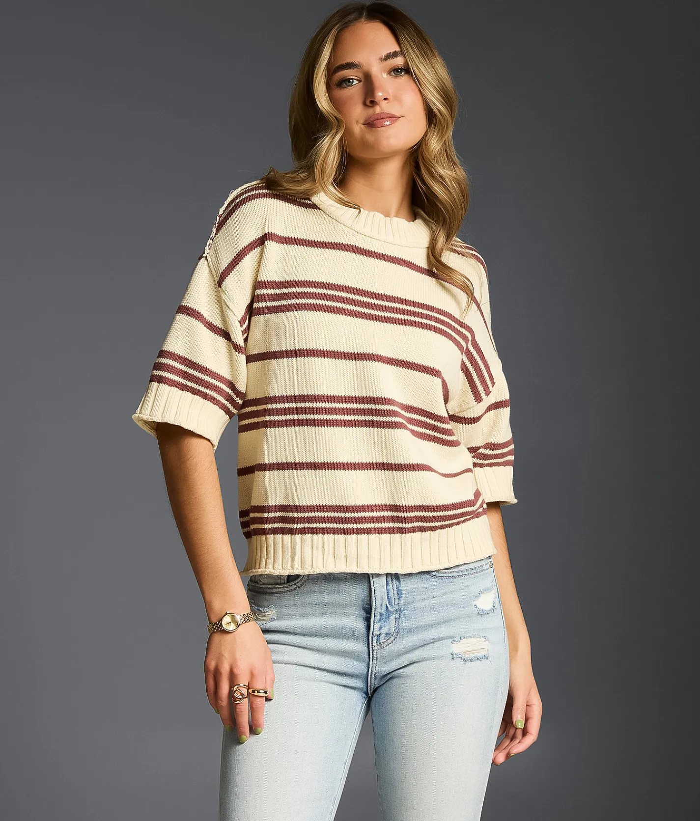 Tops | Buckle Black Refined Edit - Striped Sweater Cream Rose Brown