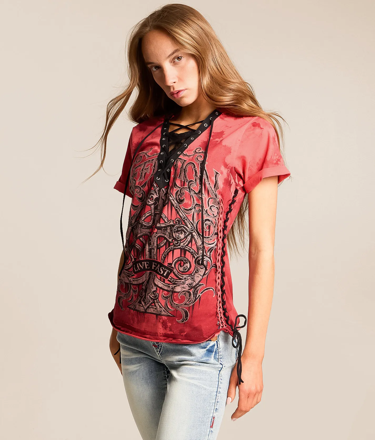 Tops | Affliction Requiem Steel Lace T-Shirt Coral Paradise Reactive