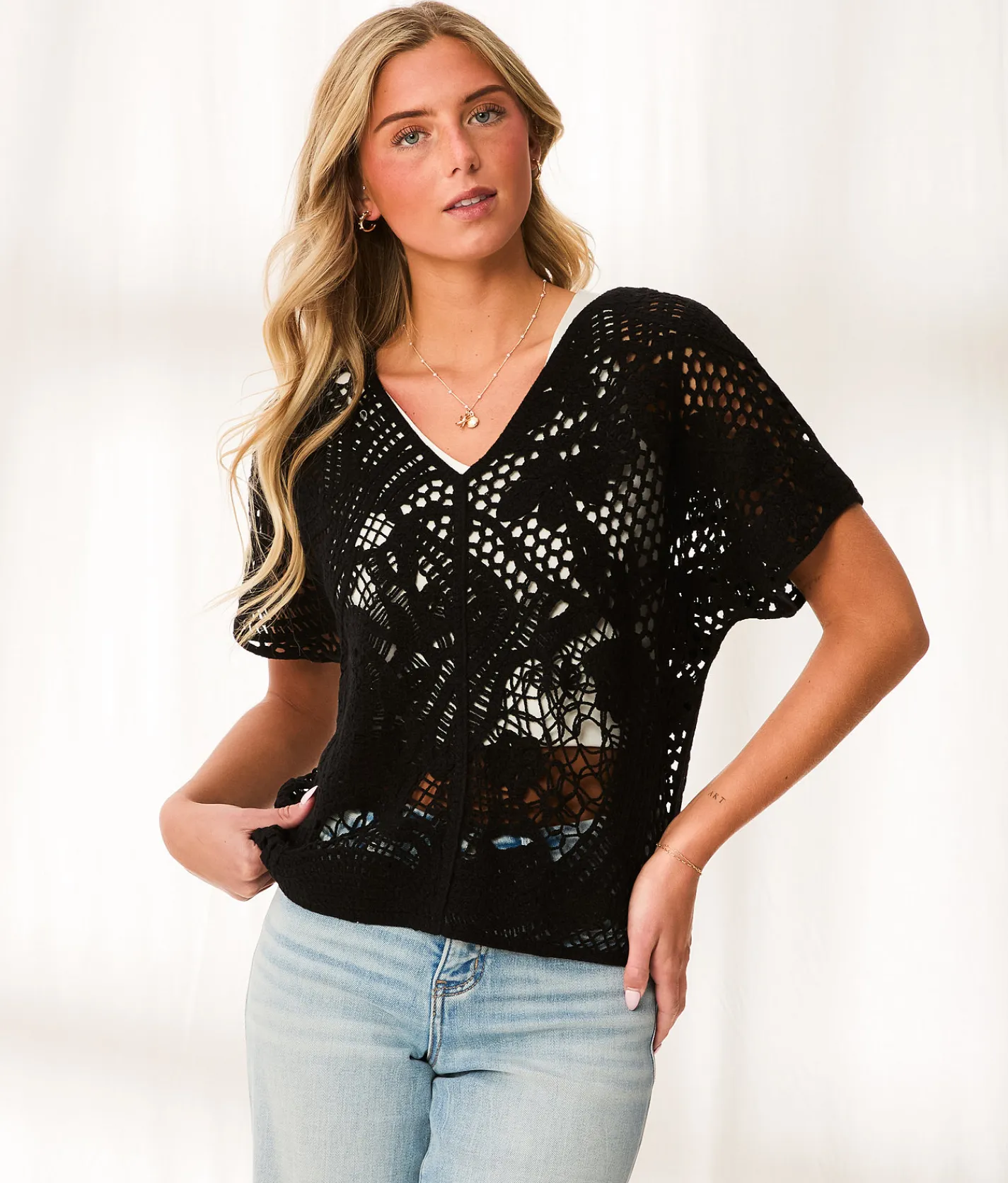BKE Resort Edit - Crochet Sweater Black Clearance