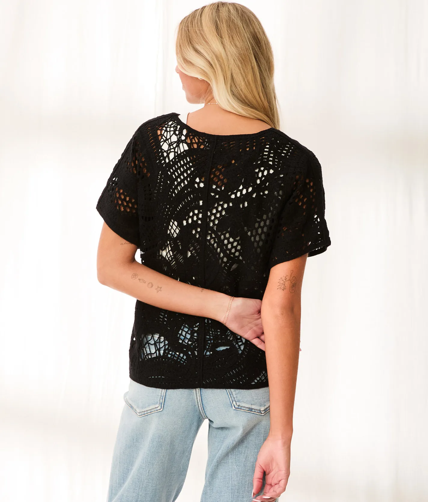 BKE Resort Edit - Crochet Sweater Black Clearance