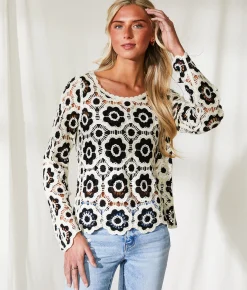 Tops | BKE Resort Edit - Floral Crochet Sweater Beige and Black