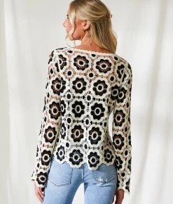 Tops | BKE Resort Edit - Floral Crochet Sweater Beige and Black