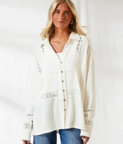 Tops | BKE Resort Edit - Lace Inset Oversized Blouse Off White