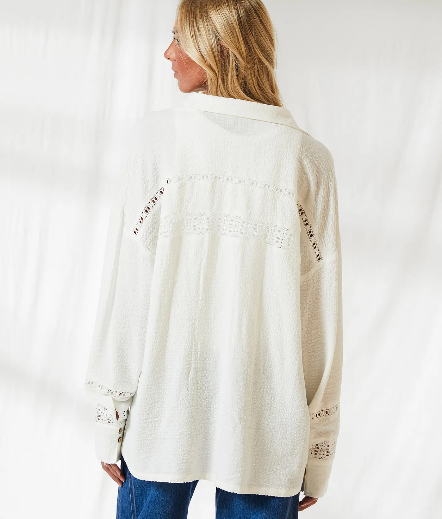 Tops | BKE Resort Edit - Lace Inset Oversized Blouse Off White