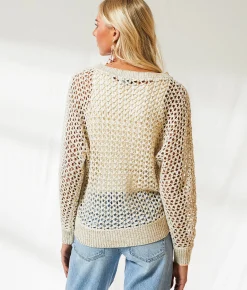 Tops | BKE Resort Edit - Metallic Stitch Sweater Beige Gold