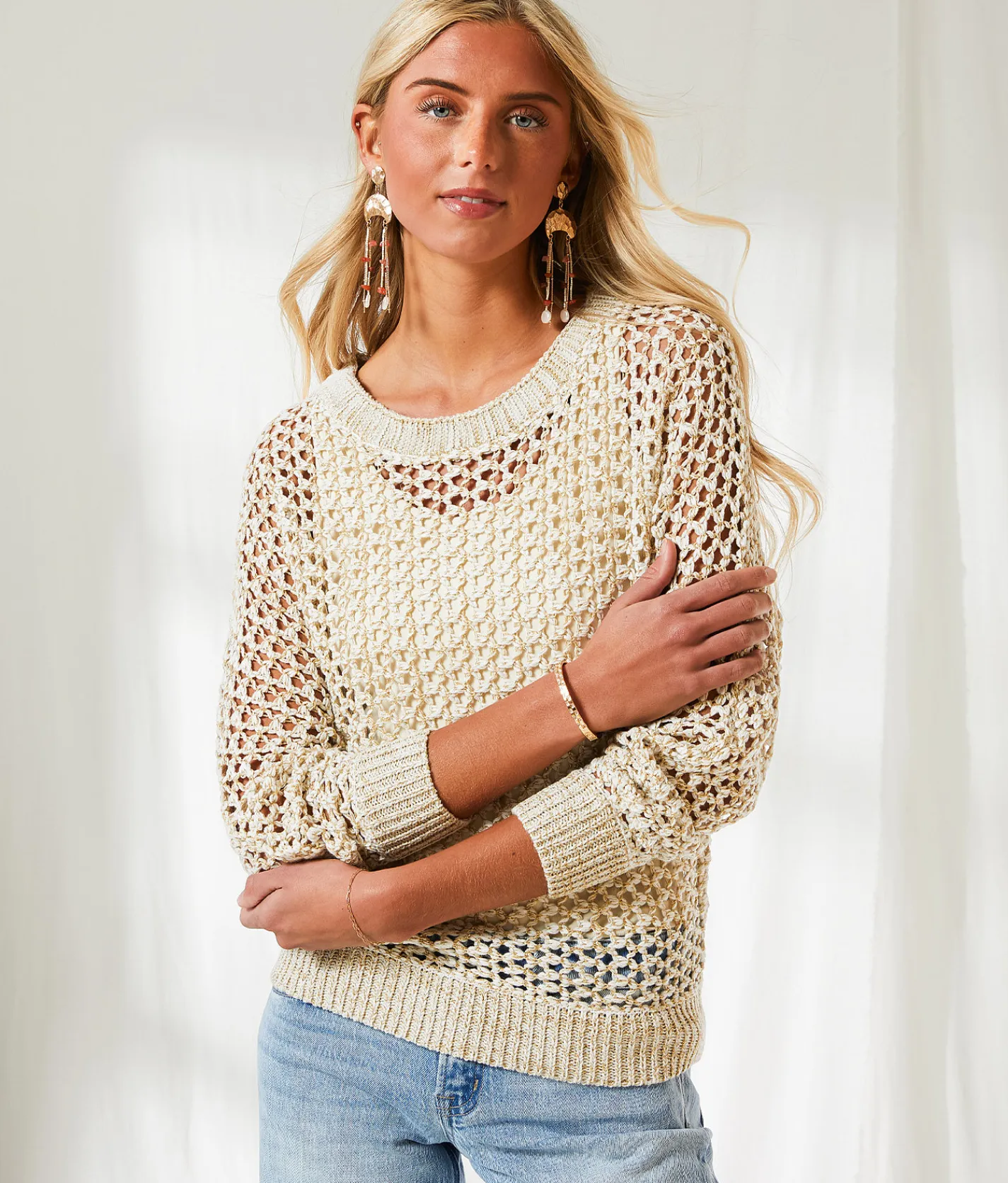 Tops | BKE Resort Edit - Metallic Stitch Sweater Beige Gold