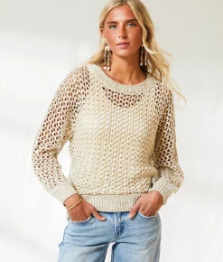 Tops | BKE Resort Edit - Metallic Stitch Sweater Beige Gold