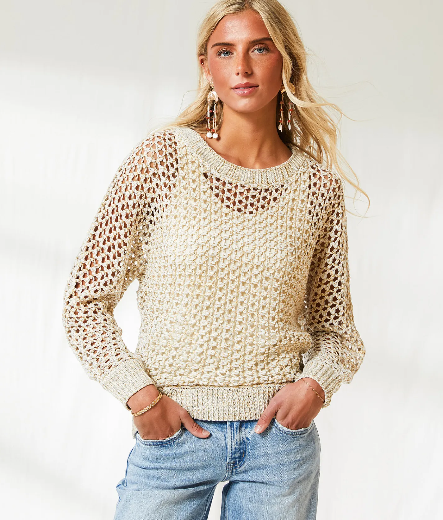 Tops | BKE Resort Edit - Metallic Stitch Sweater Beige Gold