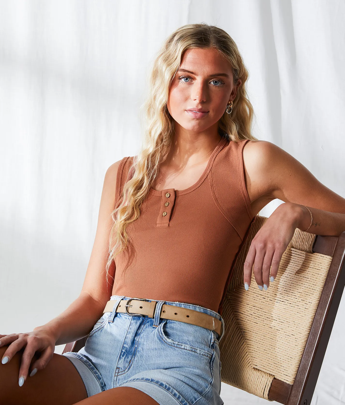 Tops | BKE Resort Edit - Ribbed Henley Tank Top Brown Patina