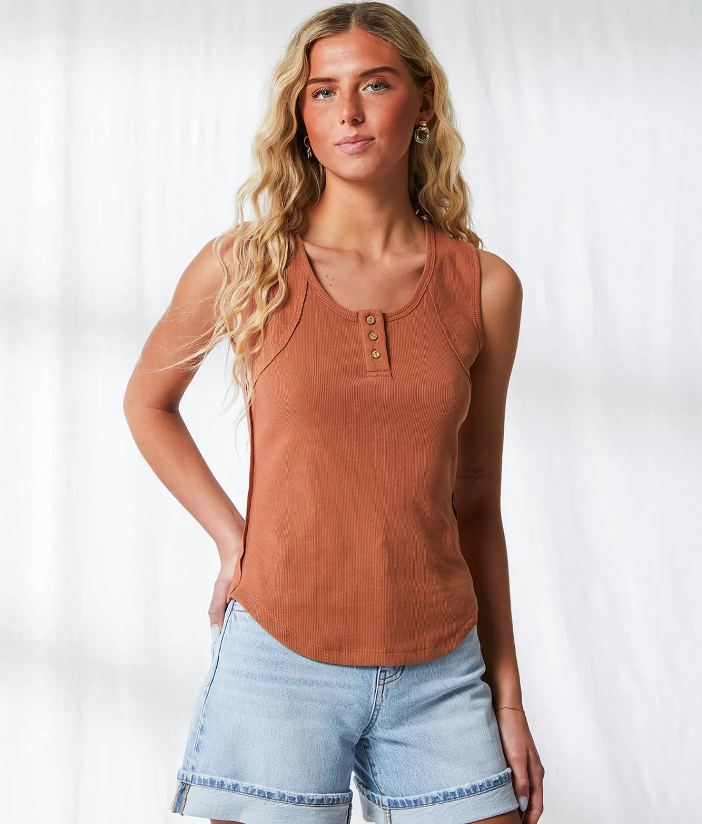 Tops | BKE Resort Edit - Ribbed Henley Tank Top Brown Patina