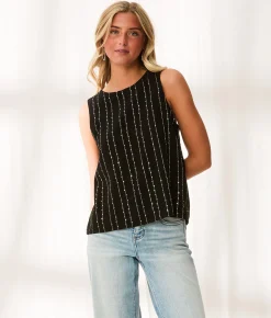 BKE Resort Edit - Sequin Embroidered Tank Top Black New