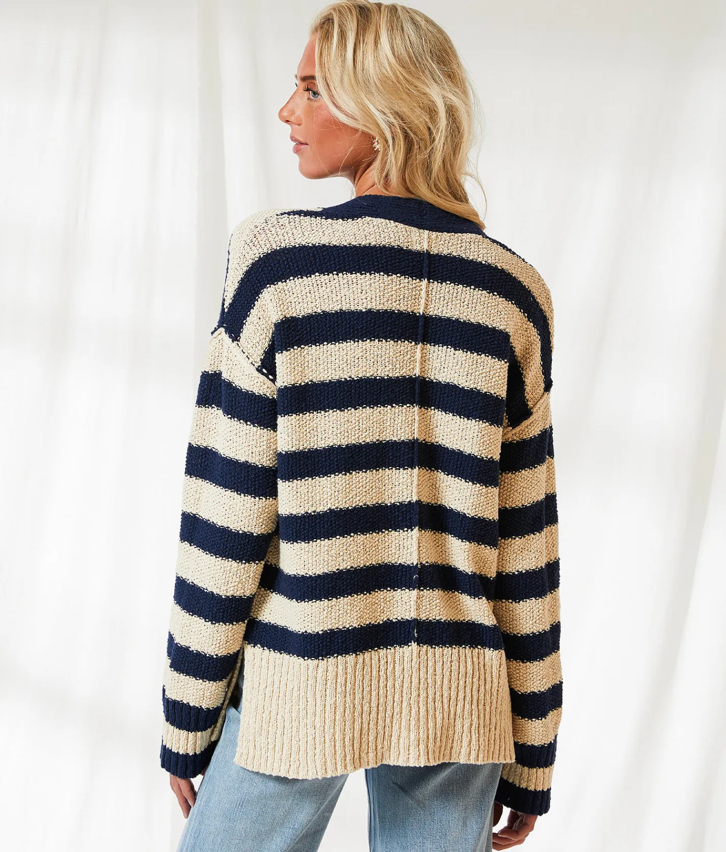 BKE Resort Edit - Striped Cardigan Sweater Navy Cream Outlet