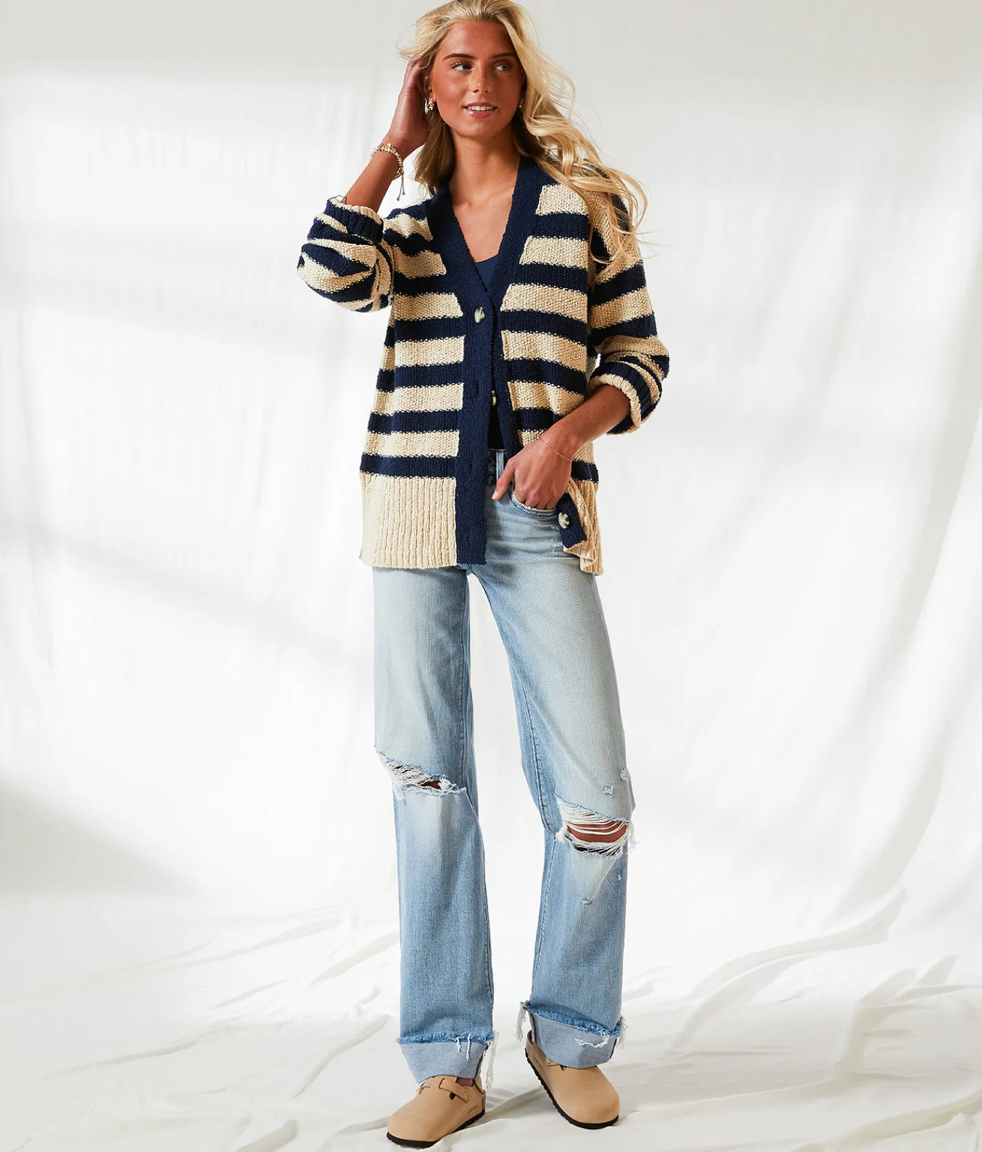 BKE Resort Edit - Striped Cardigan Sweater Navy Cream Outlet