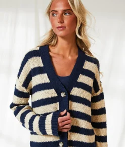 BKE Resort Edit - Striped Cardigan Sweater Navy Cream Outlet