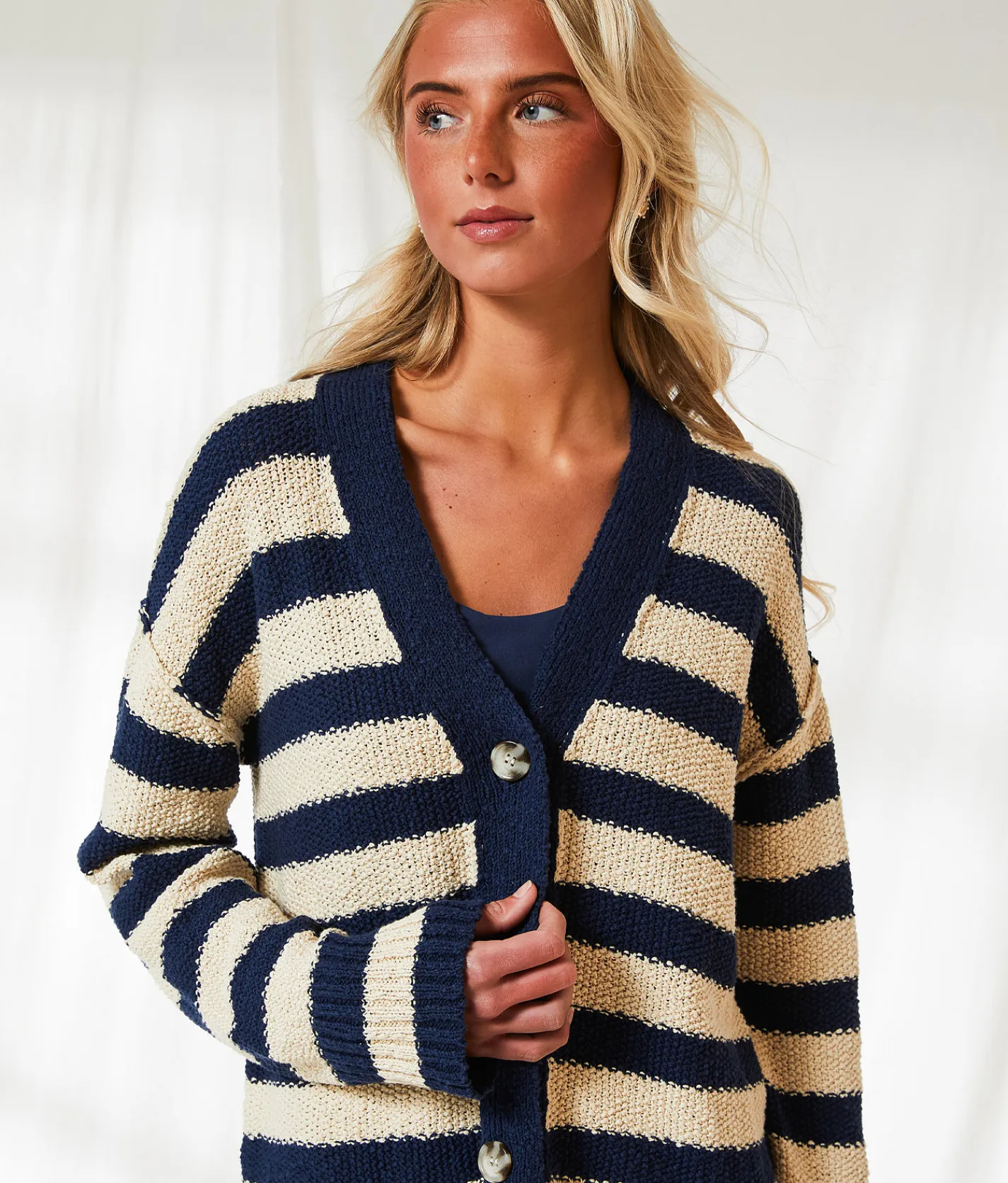 BKE Resort Edit - Striped Cardigan Sweater Navy Cream Outlet