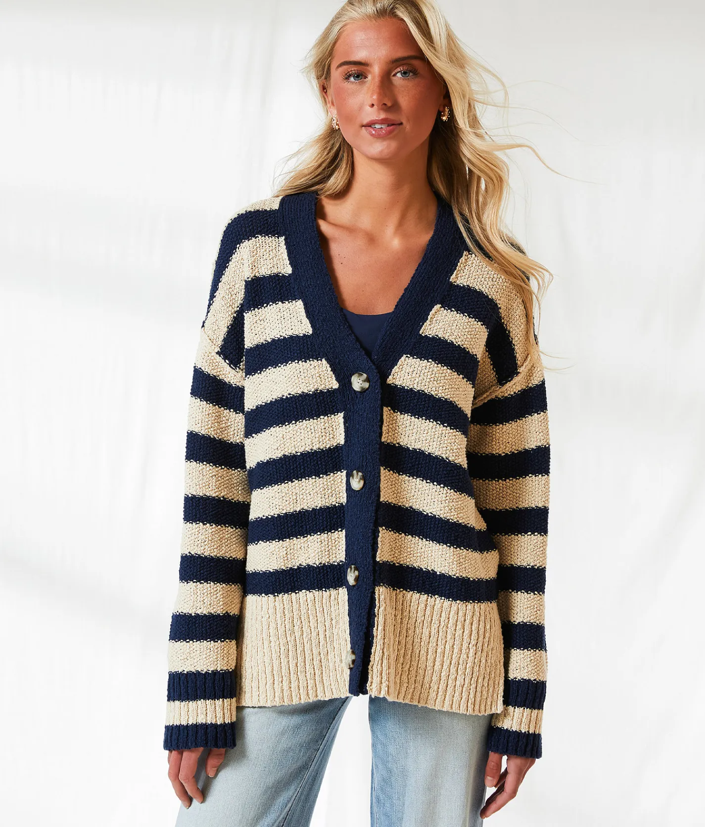 BKE Resort Edit - Striped Cardigan Sweater Navy Cream Outlet