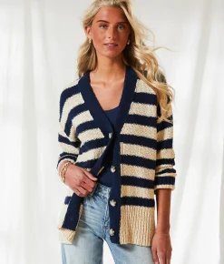 BKE Resort Edit - Striped Cardigan Sweater Navy Cream Outlet