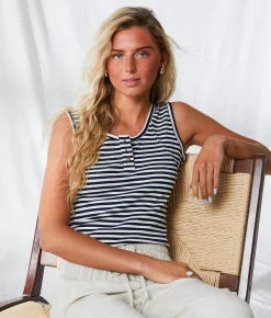 Tops | BKE Resort Edit - Striped Henley Tank Top Navy And Cream Stripe