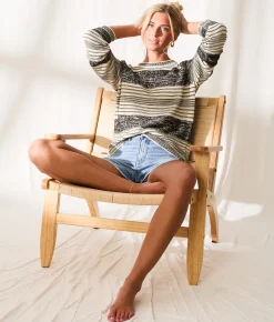 BKE Resort Edit - Striped Sequin Sweater Beige Black Discount