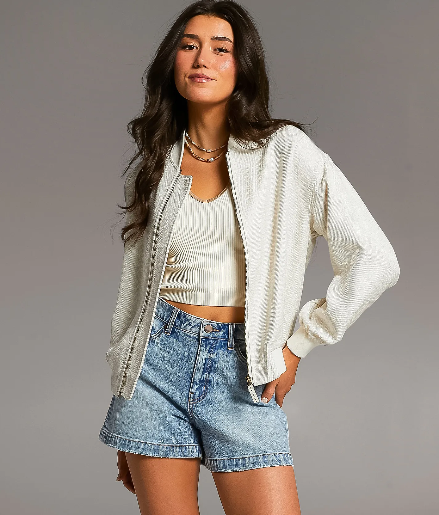 Tops|Coats & Jackets | BKE Resort Edit - Textured Bomber Jacket Oatmeal