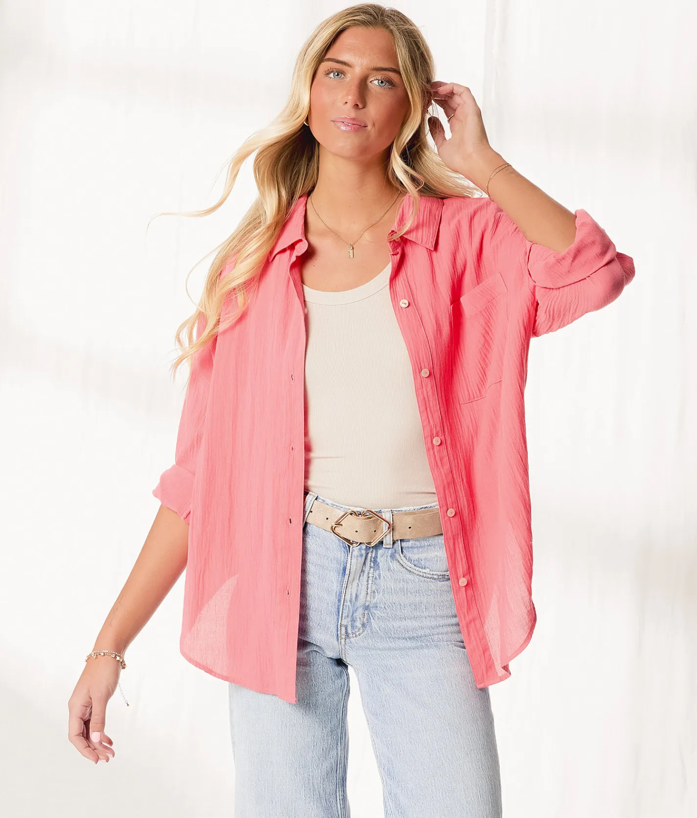 Tops | BKE Resort Edit - Textured Boyfriend Shirt Tea Rose