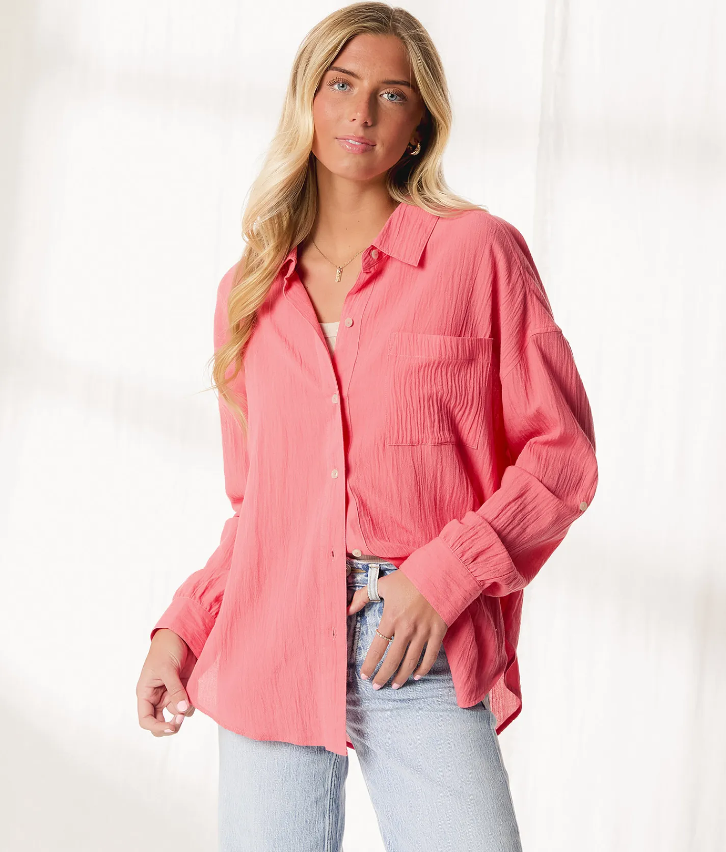 Tops | BKE Resort Edit - Textured Boyfriend Shirt Tea Rose