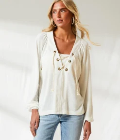 BKE Resort Edit - Textured Lace-Up Top Cream