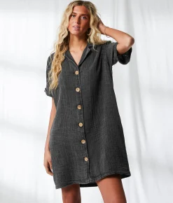BKE Resort Edit - Washed Button Down Dress Washed Black Clearance