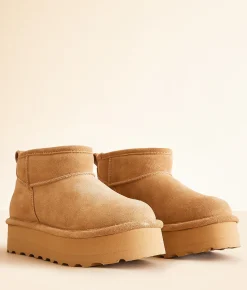 Bearpaw Retro Shorty Platform Leather Ankle Boot Iced Coffee Solid Clearance