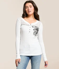 Affliction Reverie Crochet Thermal Henley White Clearance