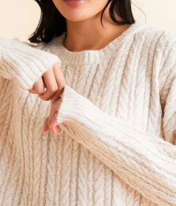 Chembery Rhinestone Cable Knit Sweater Beige New