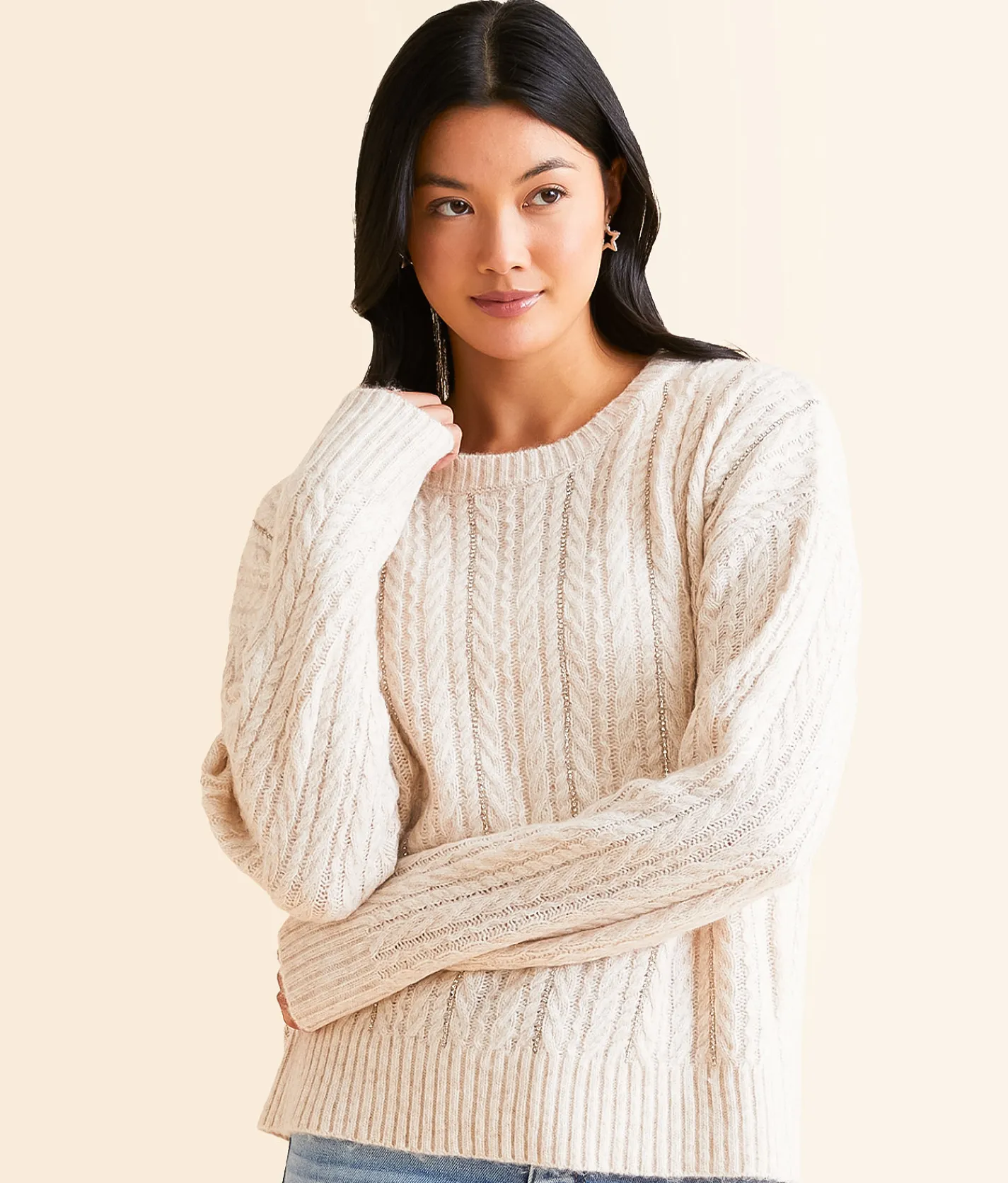 Chembery Rhinestone Cable Knit Sweater Beige New