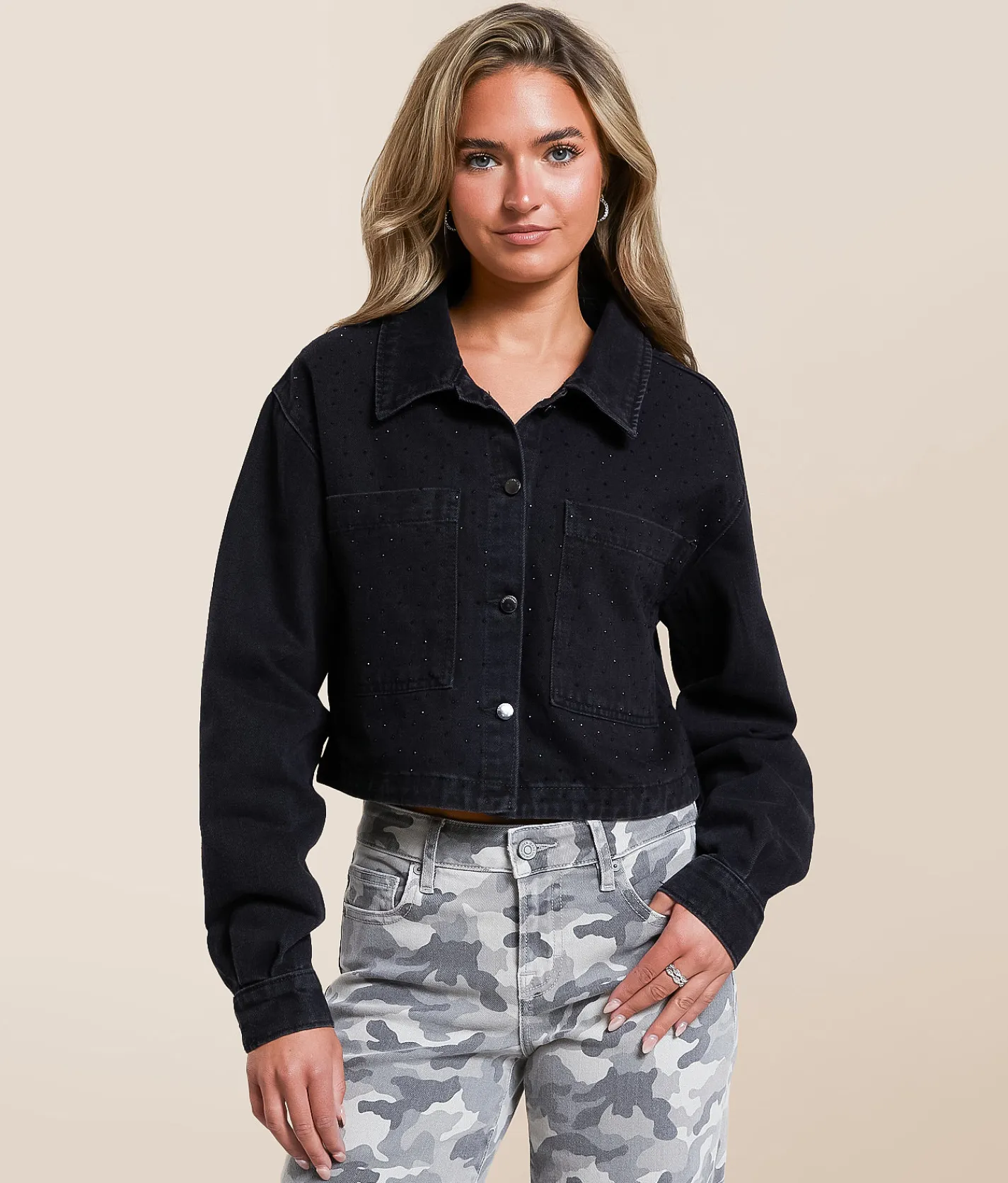 Ashley Rhinestone Cropped Denim Jacket Light Denim