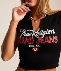 True Religion Rhinestone Cropped T-Shirt Jet Black Sale