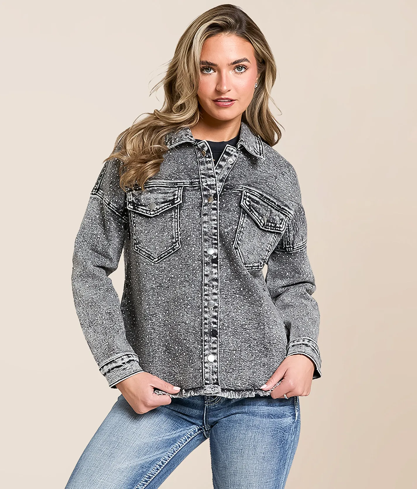 Tops|Coats & Jackets | Veveret Rhinestone Denim Jacket Black