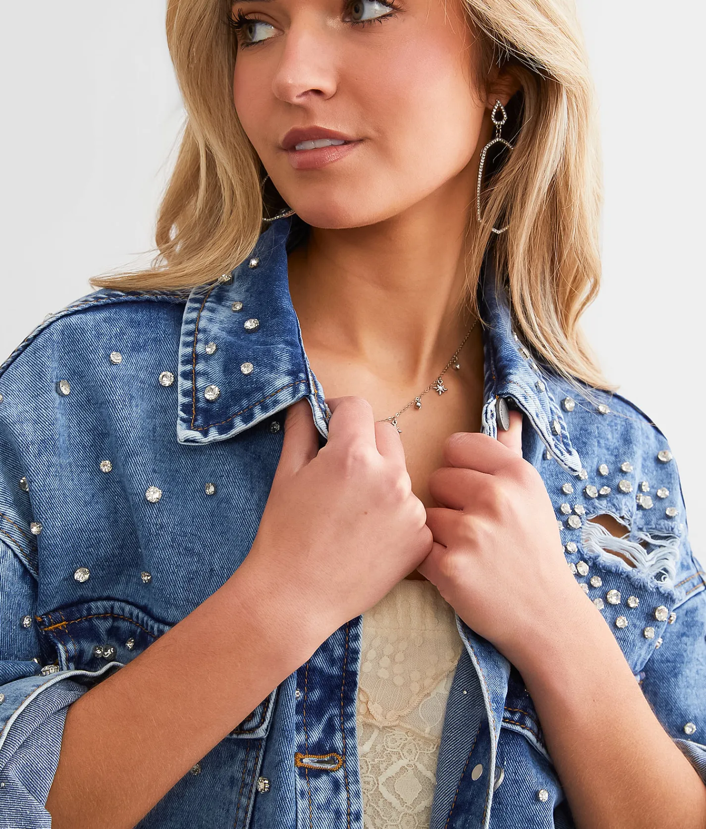 Tops|Coats & Jackets | Veveret Rhinestone Denim Jacket Medium Wash