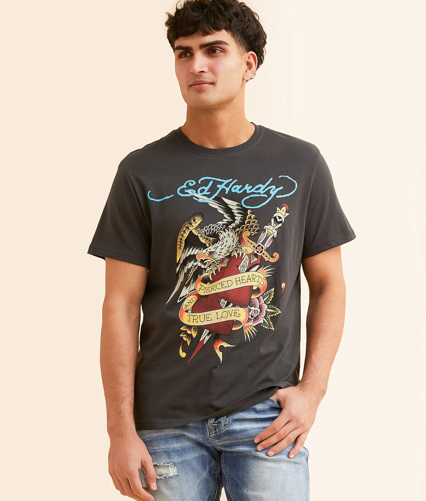 Graphic T-Shirts | Ed Hardy Rhinestone Eagle Dagger T-Shirt Charcoal