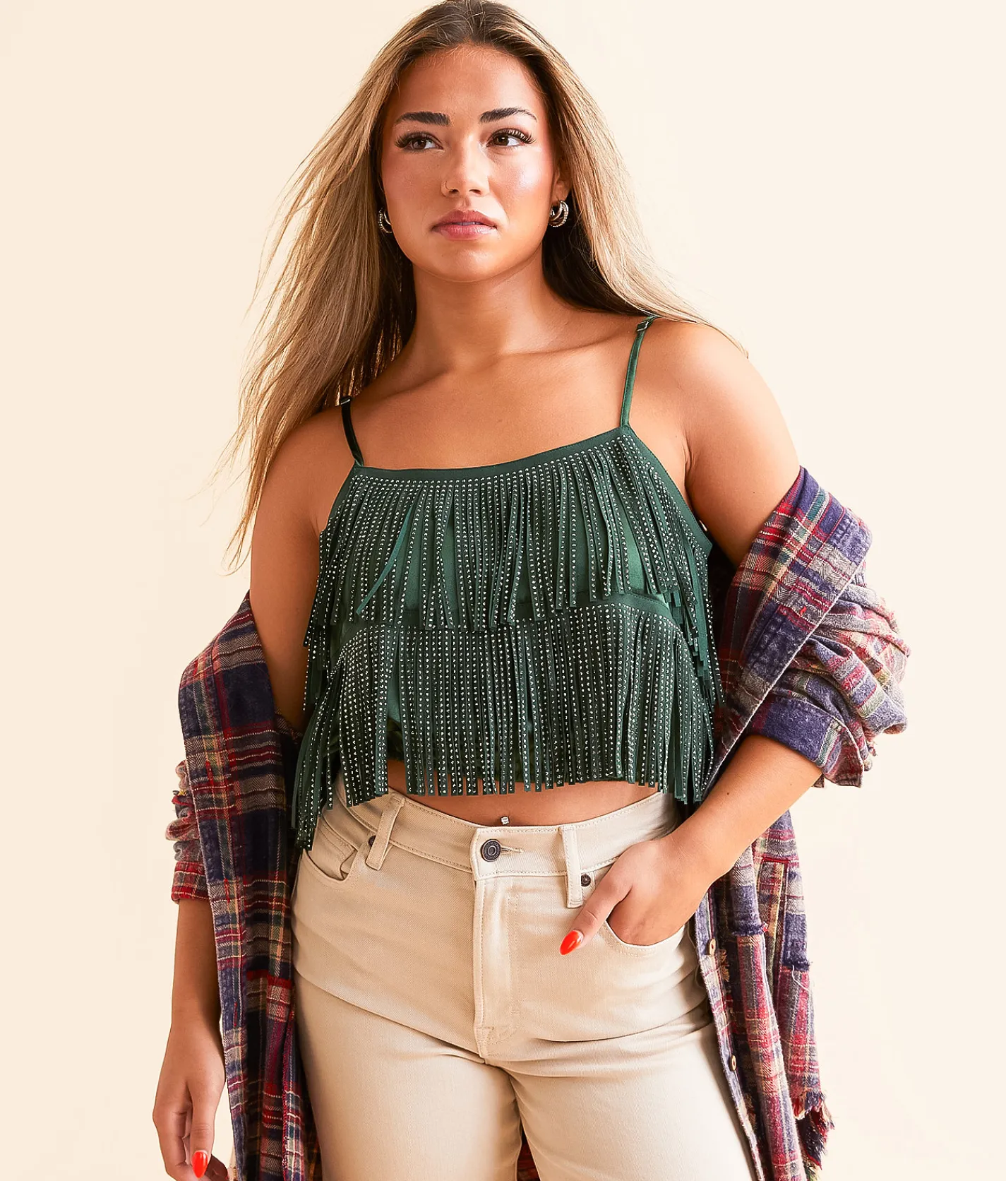 DH Apparel Rhinestone Fringe Cropped Tank Top Eden Green New